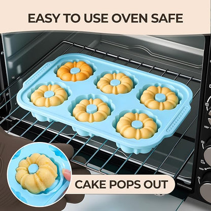 Mini Bundt Cake Pans for Baking, 2Pcs Silicone 6-Cavity Fluted Tube Cake Pan with Metal Reinforced Frame, Nonstick Baking Molds for Cupcake, Brownie, Donuts, Cornbread, Jello