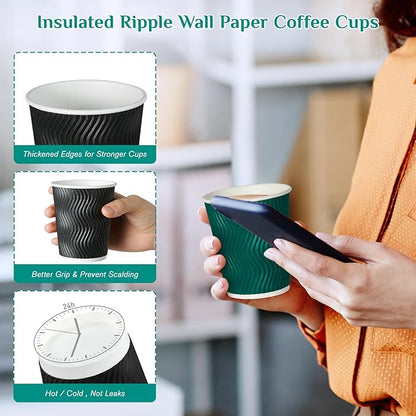 MUCHII 10 oz Insulated Paper Coffee Cups, 120 Count, Multicolor, Disposable, Ripple Design for Hot Drinks