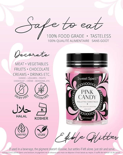 Sweet Spell Edible Glitter (15g) - Shimmer Sparkles for Drinks, Cakes, Cocktails - 100% Edible & Food Grade Glitter, Vegan, Gluten-Free (Pink Candy)