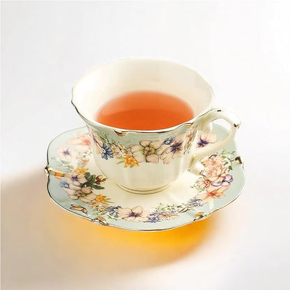 TATSUMI Country Roses Bone China Tea Cup and Saucer Set, 3 Pieces, Vintage Style, For Women and Tea Parties(Dutch Blue,1 Set)