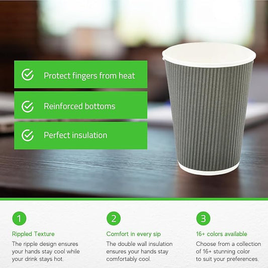 Restaurantware-12 Ounce Disposable Coffee Cups, 500 Ripple Wall Hot Cups For Coffee - Lids Sold Separately, Rolled Rim, Gray Paper Insulated Coffee Cups, For Hot Coffee, Tea, And More