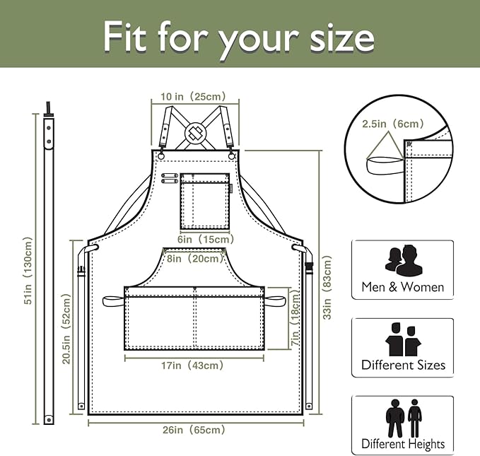 Kitchen Apron, Work Apron, Canvas, Multiple Pockets, Gardening, Painting, BBQ, Artist, Carpenter, Sizes M to XXL, Olive