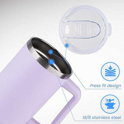 DOMICARE 40 oz Tumbler with Handle and Straw, Stainless Steel Tumbler with Lid and Straw, Reusable Vacuum Insulated Cup, Travel Coffee Mug, Lavender, 1Pack
