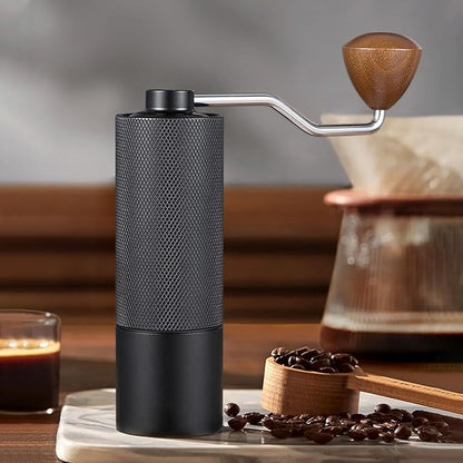 Manual Coffee Grinder Capacity 25 Grams, Stainless Steel Burrs - Wooden Handle, Burr Coffee Grinder for Home, Office, Camping, Hiking (Grey)