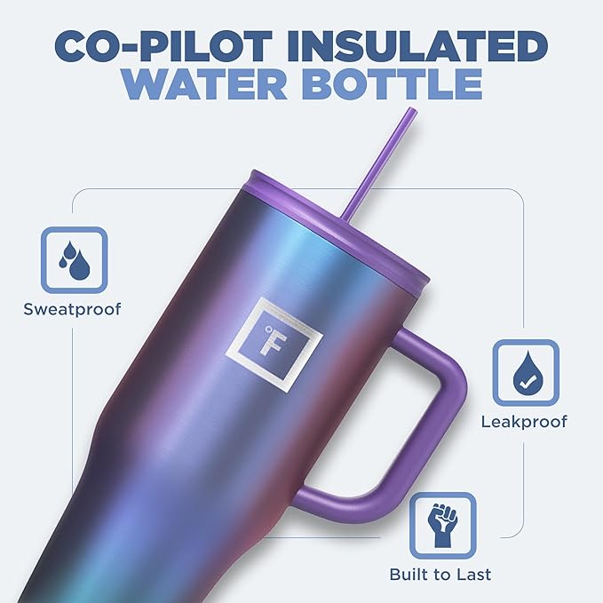 IRON °FLASK Co-Pilot Insulated Mug w/Straw & Flip Cap Lids - Cup Holder Bottle for Hot, Cold Drink - Leak-Proof - Water, Coffee Portable Travel Mug - Aurora, 32 Oz