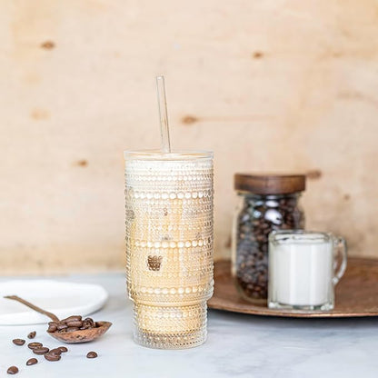 All Glass Hobnail Tumbler with Glass Lid and Straw, Beaded Style Set of 2 (16 oz Hobnail)