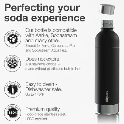Stainless Steel Carbonating Bottle 33 oz | Compatible with Aarke Carbonator 3, Sodastream (Excl. model Aqua Fizz + Jet) and many others| Dishwasher Safe, No Expiration Date, BPA-Free