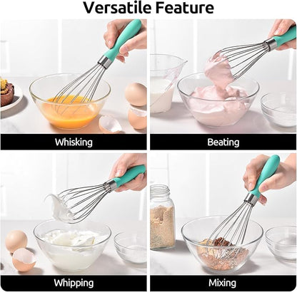 U-Taste 9" Small Egg Whisk: 18/10 Stainless Steel Kitchen Cooking Wire Balloon Wisk, Heavy Duty Metal Beater Stirrer, Manual Baking Tool with 6 Flex Wires for Hand Mixing, Blending Sauce (Aqua Sky)
