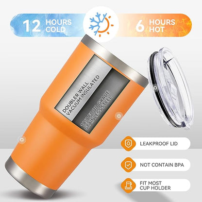 30 oz Tumbler with Lid Stainless Steel Tumblers Bulk Vacuum Insulated Cup Reusable Powder Coated Travel Mug Double Wall Leak Proof Cups Keep Cold Drinks for 12 Hours Orange, Set of 4