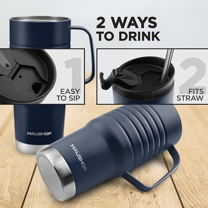 HAUSHOF 24 oz Travel Mug with Handle, Stainless Steel Vacuum Insulated Coffee Travel Mug, Double Wall with Leakproof Lid, BPA Free