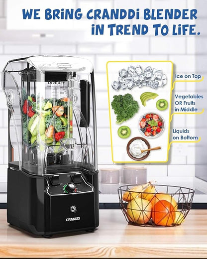 CRANDDI Quiet Commercial Blender with Soundproof Shield, 2200 Watt Professional Blenders for Kitchen with 80oz Jar and Self-Cleaning, High-Speed Blenders K90 Black