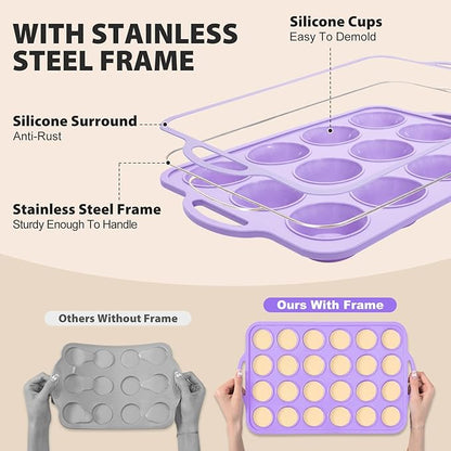 2 Pack Silicone Muffin Pan 12 and 24 Cup with Metal Frame, Non Stick Silicone Mini Cupcake Pan with Handles, BPA Free Silicon Regular Muffin Tin Tray Small for baking, egg bites, Mold Purple