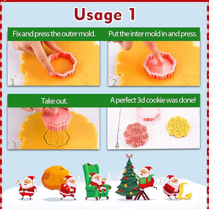 Leesgel Christmas Cookie Cutters, 3D Christmas Holiday Cookie Cutters Shapes with Santa/Xmas Tree/House/Deer, Christmas Party Decorations Ornaments