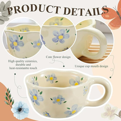 Vesici 2 Pcs Ceramic Coffee Mugs Flower Cups with Spoon Vintage Floral Mugs with Handle 8.5 oz Aesthetic Tea Porcelain Cup Gift for Valentine Office Home, Dishwasher and Microwave Safe(Vivid)