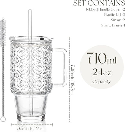 KEMORELA 2 Pack 24oz Glass Tumbler with Straw and Lid - Iced Coffee Cups with Handle, Reusable Smoothie Cup for Cold Drinks, Begonia Pattern, Dishwasher Safe