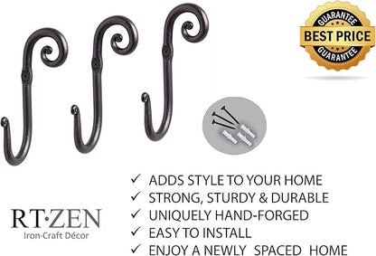 RTZEN Wall Mount Hook Set - Wrought Iron Decorative Rustic Metal Coat Hooks for Hanging - Handcrafted Classic Farmhouse Wall Mounted Black Hooks for Towel Robe or Hat Hanging - 3 Pack