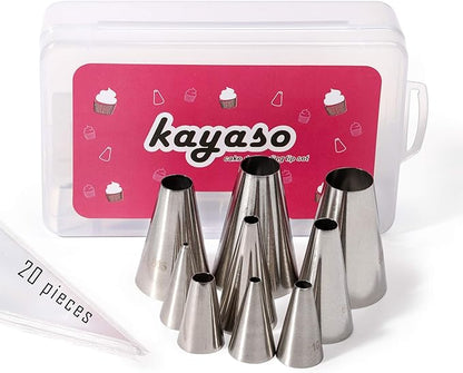 Round Piping Tip Set – 9 Stainless Steel Pastry Tips in Graduated Sizes with 20 Disposable Decorating Bags for Cupcakes, Cakes, Cookies, and Frosting Design
