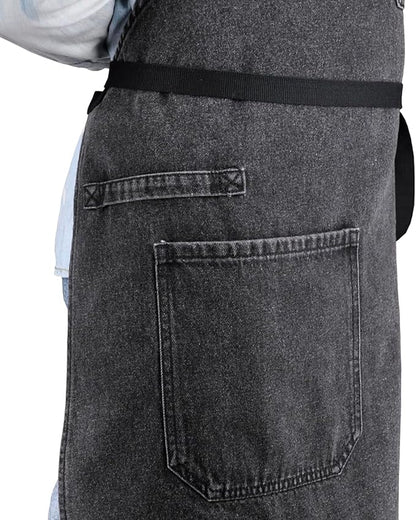 Cooking Apron with Pockets Mens Womens Professional Kitchen Bib Apron for Chef Grill BBQ (Black Denim -2)