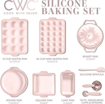 COOK WITH COLOR 17 Pc. Silicone Baking Pan Set - Non-Stick & Easy Clean Silicone Muffin Pans for Baking with Sturdy Metal Frame for Stability, Flexible Cake Molds, Includes Measuring Cups and Spoons