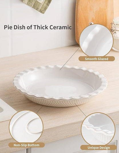 Ceramic Pie Dish for Baking, 9 inch Porcelain Pie Pan, Fluted Pie Plate for Apple, Quiche, Pot Pies, Tart, Modern Farmhouse Bakeware, Vanilla White
