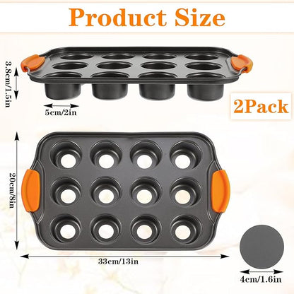 2Pack Mini Cheesecake Pans Removable Bottom Mini Cupcake Pans, 12 Cavity Minii Cheesecake Molds with Silicone Handle Nonslip Muffin Pan Baking Supplies
