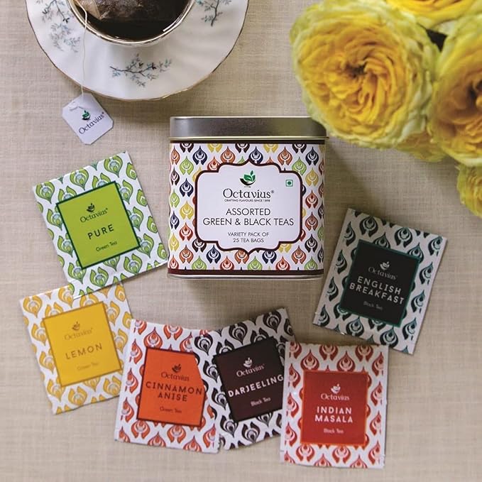 Octavius Tea Variety Pack | 6 Assorted Black & Green Teas | 25 Teabags | Tea Sampler Pack | Pack of 2