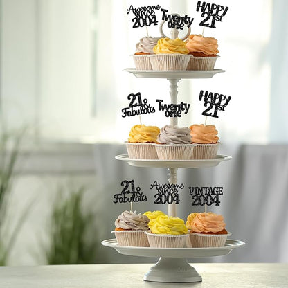 Gyufise 30pcs Vintage 2004 Cupcake Toppers Glitter Twenty-One Happy 21st Cupcake Picks Fabulous Anniversary Party Supplies Black