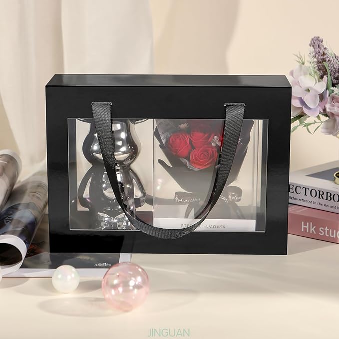 5 Black Gift Boxes with Windows, Clear Magnetic Gift Boxes with Handles for Presents, Groomsman Proposal Boxes (10.5x7.5x3 Inches