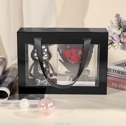 5 Black Gift Boxes with Windows, Clear Magnetic Gift Boxes with Handles for Presents, Groomsman Proposal Boxes (10.5x7.5x3 Inches
