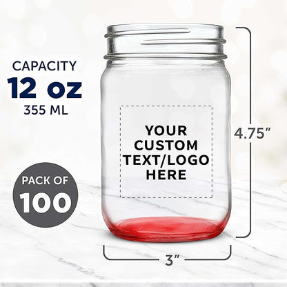 DISCOUNT PROMOS Custom Decorating Mason Jars 12 oz. Set of 100, Personalized Bulk Pack - Glass Jars for Overnight Oats, Candies, Fruits, Pickles, Spices, Beverages - Red