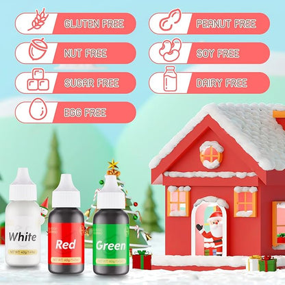 Gel Food Coloring for Cake Decorating - 3 Concentrated Assorted Food Color Edible Christmas Red Green White - Food Grade Dye for Easter Eggs Fondant Cookies Frosting Royal Icing Baking - 40g/Bottle