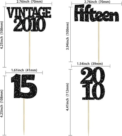 Gyufise 24Pcs 15th Birthday Cupcake Toppers Glitter Fifteen Vintage 2010 Sweet 15 Cupcake Picks Hello 15 Years Birthday Cake Decorations for Happy 15th Anniversary Party Supplies Black