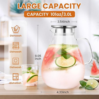 SUSTEAS 3 Litre 101oz Glass Pitcher Jar with Lid and Nozzle, 3.17Quart Cold/Hot Water Glass Water Bottle, Ice Tea for Refrigerator, Large Water Jar for Juice, Milk, Coffee or Homemade Drinks