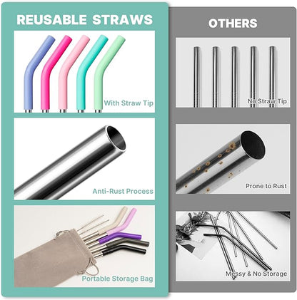 Stainless Steel Straw for 20 oz YETI Tumbler, 8.5in Metal Straight Straws Reusable with Silicone Tip for Milk, Juice, Cola, Coffee- 2 Cleaning Brushes & 1 Portable Bag