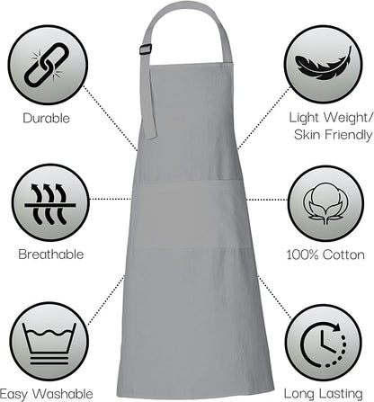 RAJRANG 100% Cotton Cooking Apron with 3 Pockets Kitchen Chef BBQ Adjustable Bib Aprons for Women Men