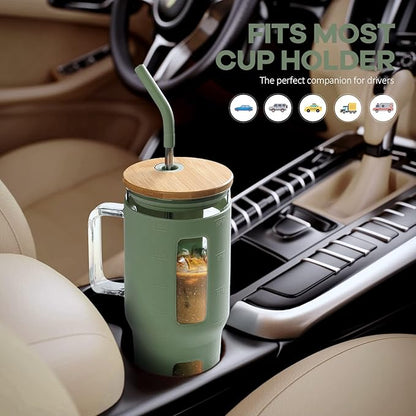 Kodrine Glass Tumbler with Straw and Lid-32oz Glass Tumbler with Handle and Bamboo Lid, Iced Coffee Cup For Smoothie, Water Cups with Time Marker Fits in Cup Holder, Olive