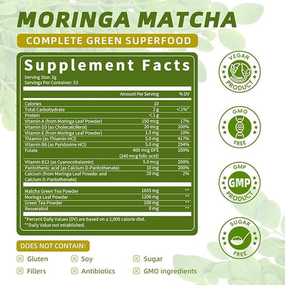 Matcha Powder with Moringa, Green Tea and Resveratrol, 4-in-1 Superfood for Energy, Immune, Digestion and Antioxidant Support, Vegan, Gluten-Free, 5.64 oz