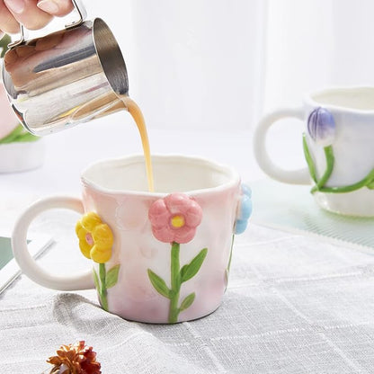 3D Flower Coffee Mug Pink Tulip Ceramic Cup,12 oz Cute Handmade Mugs,Christmas Birthday Surprise for Friends Family or Flower Lovers (Pink Tulip)