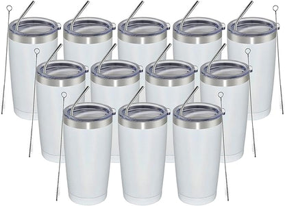 MEWAY 20oz Tumbler 12 Pack Double Wall Vacuum Insulated Travel Glitter Mug Bulk, Stainless Steel Tumblers with Lid and Straw, Powder Coated Coffee Cups for Woman(Rainbow White,Set of 12)