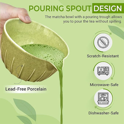 Matcha Whisk Set with Matcha Bowl - Matcha Set Included Electric Frother, Bamboo Whisk, Matcha Spoon, Bamboo Holder, Sifter, Spoon Stand (Mottled Green)