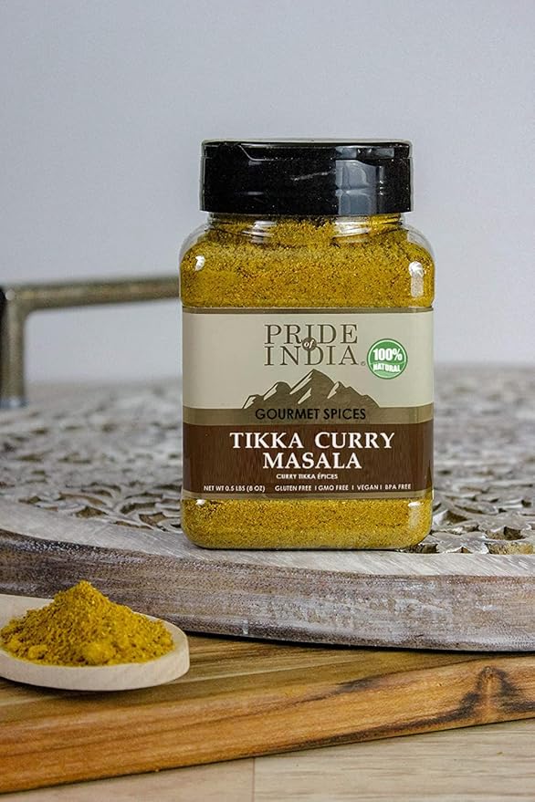 Pride of India – Tikka Curry Masala Seasoning Spice – Gourmet Curry Mix – Ideal for Vegetarian and Meat Dishes – Natural & GMO Free – Easy To Use - 7 oz. Medium Dual Sifter Jar