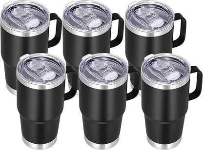 VEGOND 20 oz Tumbler Bulk with Handle Lid and Straw, Stainless Steel Insulated Travel Coffee Mug Set, Spill Proof Double Wall Metal Tumblers Cups, Black 6 Pack