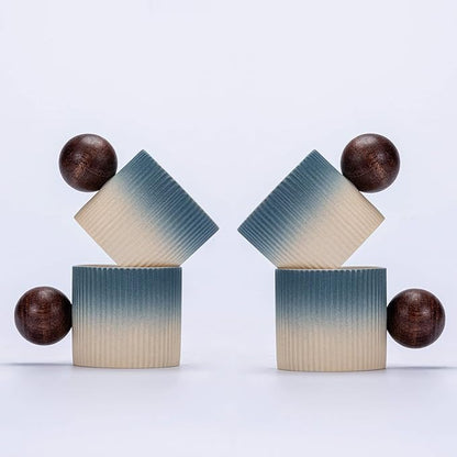 Ceramic Mini Espresso Cups Demitasse Cups with Round Wooden Handle Vertical Stripes Tea Cups (Beige&Blue, 4pcs)