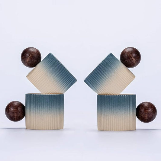 Ceramic Mini Espresso Cups Demitasse Cups with Round Wooden Handle Vertical Stripes Tea Cups (Beige&Blue, 4pcs)