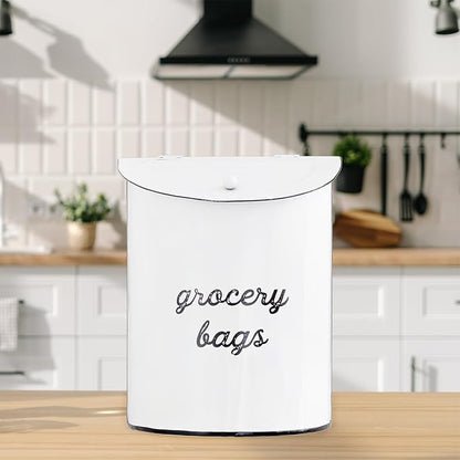 AuldHome Design Rustic Grocery Bag Holder; Wall-Mounted Vintage Enamelware Farmhouse Style Plastic Bag Dispenser for Kitchen or Laundry Room