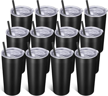 VEGOND 20oz Tumbler Bulk with Lid and Straw 12 Pack, Stainless Steel Vacuum Insulated Tumbler, Double Wall Coffee Cup Travel Mug, Black