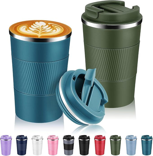 Volhoply 13 oz Stainless Steel Insulated Travel Coffee Mug with Fip Lid Bulk 2 Pack,Reusable Double Wall Vacuum Metal Coffee Cup,Portable Leak Proof Thermal Tumbler for Hot&Cold Drinks(Assort Color,2)