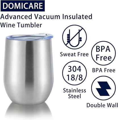 DOMICARE Stainless Steel Wine Tumbler Bulk with Lid, Personalized Insulated Tumblers Set, 12oz Travel Coffee Cups Pack of 16, Stainless steel
