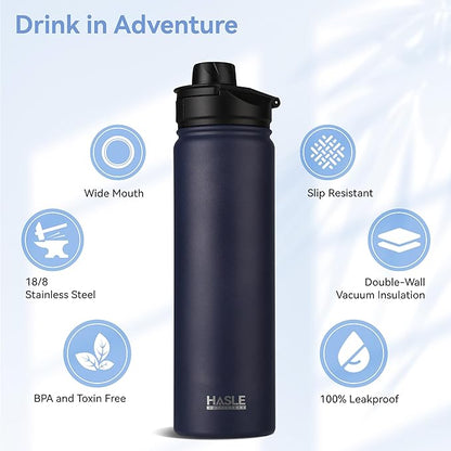 HASLE OUTFITTERS Insulated Water Bottle 22 oz Double Wall Stainless Steel Water Bottle Wide Mouth with Straw Lid & Spout Lid Keeps Cold or Hot(Navy,8)