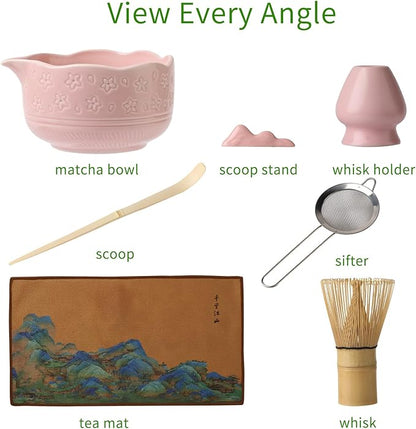 Matcha Whisk Set, Japanese Ceramic Matcha Bowl with Spout, Bamboo Whisk, Sifter, Scoop, Holder, Tea Cloth, 7-Piece Ceremonial Matcha Kit, Gift for Tea Lovers (pink)